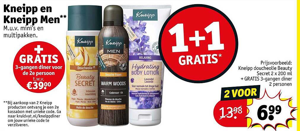 Kneipp en Kneipp Men** + GRATIS 3-gangen diner voor de 2e persoon t.w.v. €39,00 1+1 GRATIS*