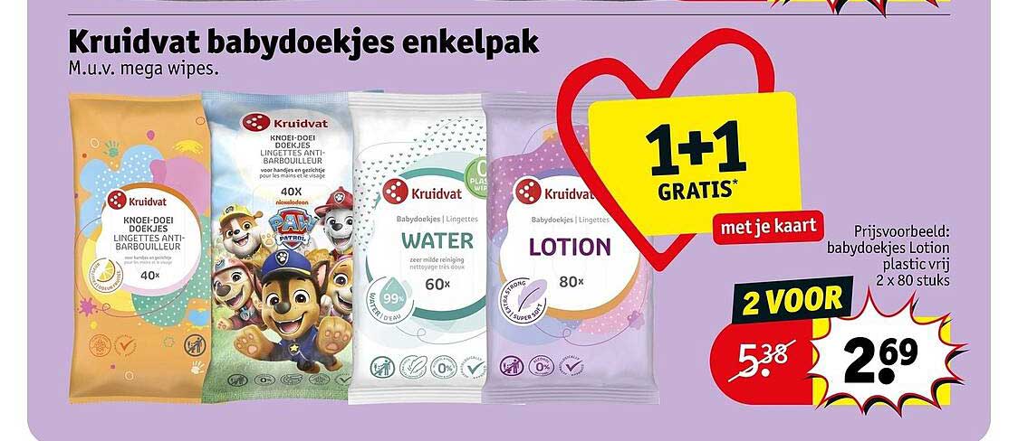 Kruidvat babydoekjes enkelpak 1+1 GRATIS