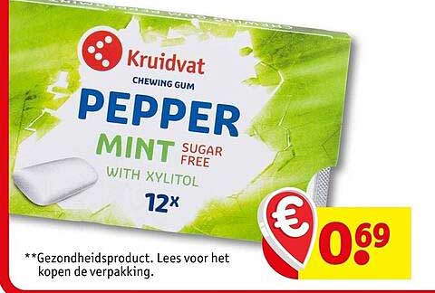 Kruidvat Chewing Gum Pepper Mint Sugar Free With Xylitol 12x