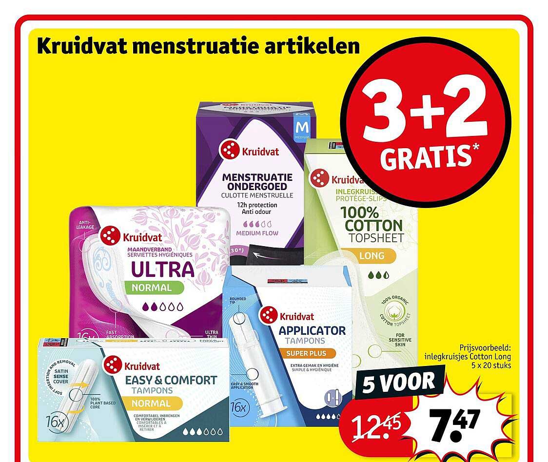 Kruidvat menstruatie artikelen 3+2 GRATIS*