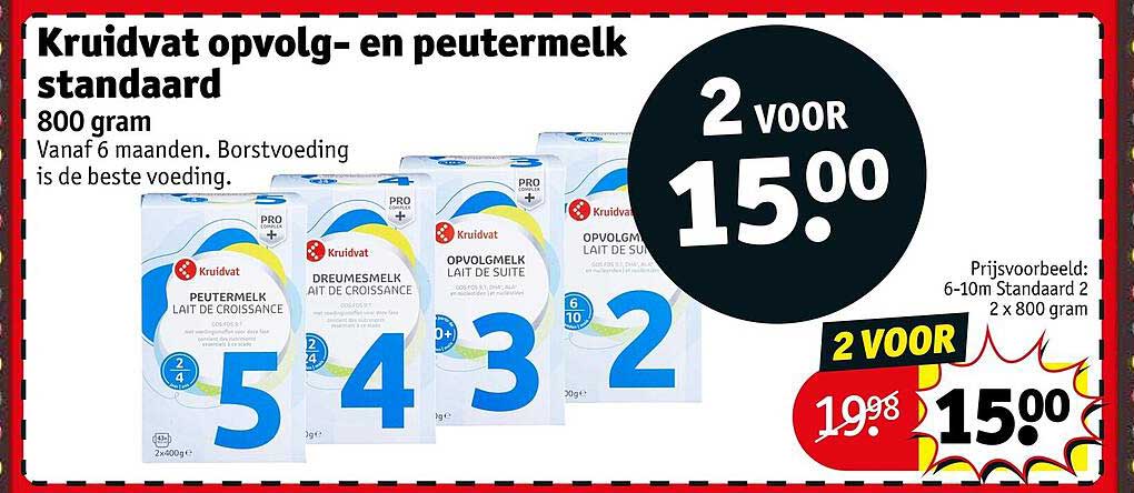 Kruidvat opvolg- en peutermelk standaard 800 gram 2 voor 15.00