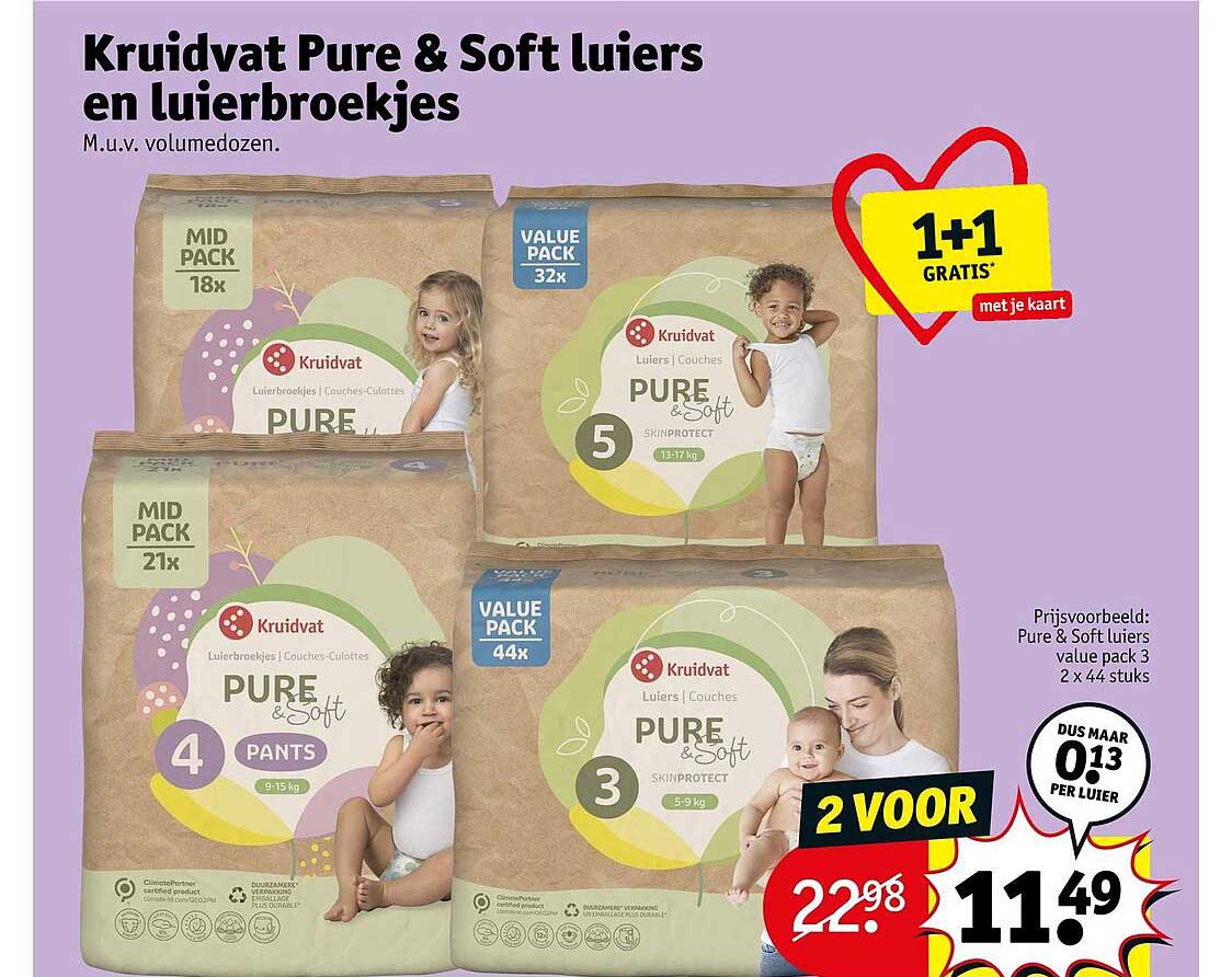 Kruidvat Pure & Soft luiers en luierbroekjes 1+1 gratis