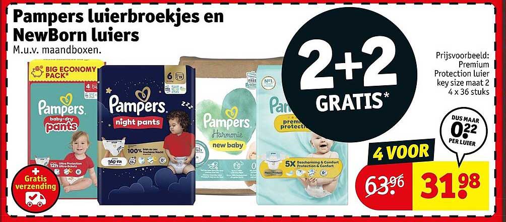 Pampers luiersbroekjes en NewBorn luiers M.u.v. maandboxen. 2+2 GRATIS*