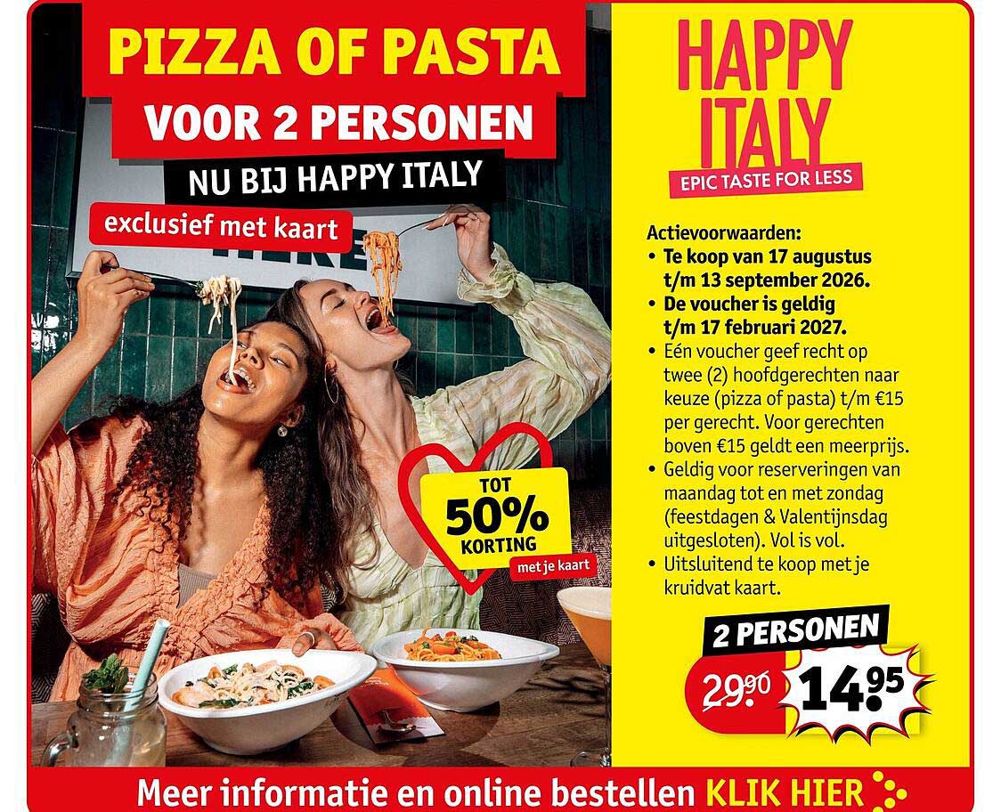 PIZZA OF PASTA VOOR 2 PERSONEN NU BIJ HAPPY ITALY