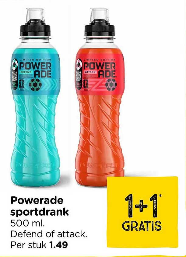 Powerade sportdrank 500 ml. Defend of attack. 1+1 GRATIS