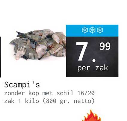 Scampi's zonder kop met schil 16/20 zak 1 kilo (800 gr. netto)