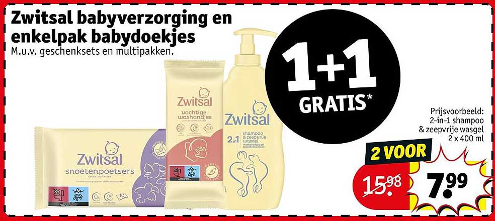 Zwitsal babyverzorging en enkelpak babydoekjes 1+1 GRATIS*