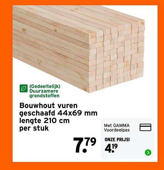 Bouwhout vuren geschaafd 44x69 mm lengte 210 cm per stuk