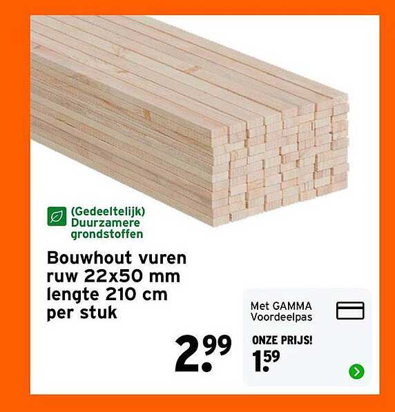 Bouwhout vuren ruw 22x50 mm lengte 210 cm per stuk