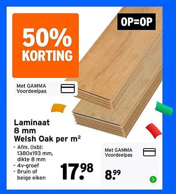 Laminaat 8 mm Welsh Oak per m² 50% korting OP=OP