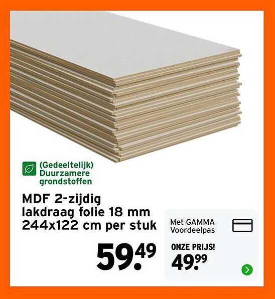 MDF 2-zijdig lakdraag folie 18 mm 244x122 cm per stuk
