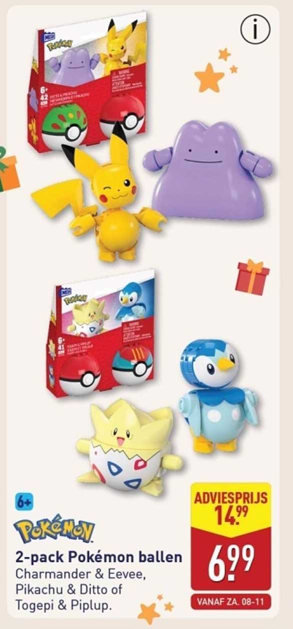 2-pack Pokémon ballen Charmander & Eevee, Pikachu & Ditto of Togepi & Piplup.