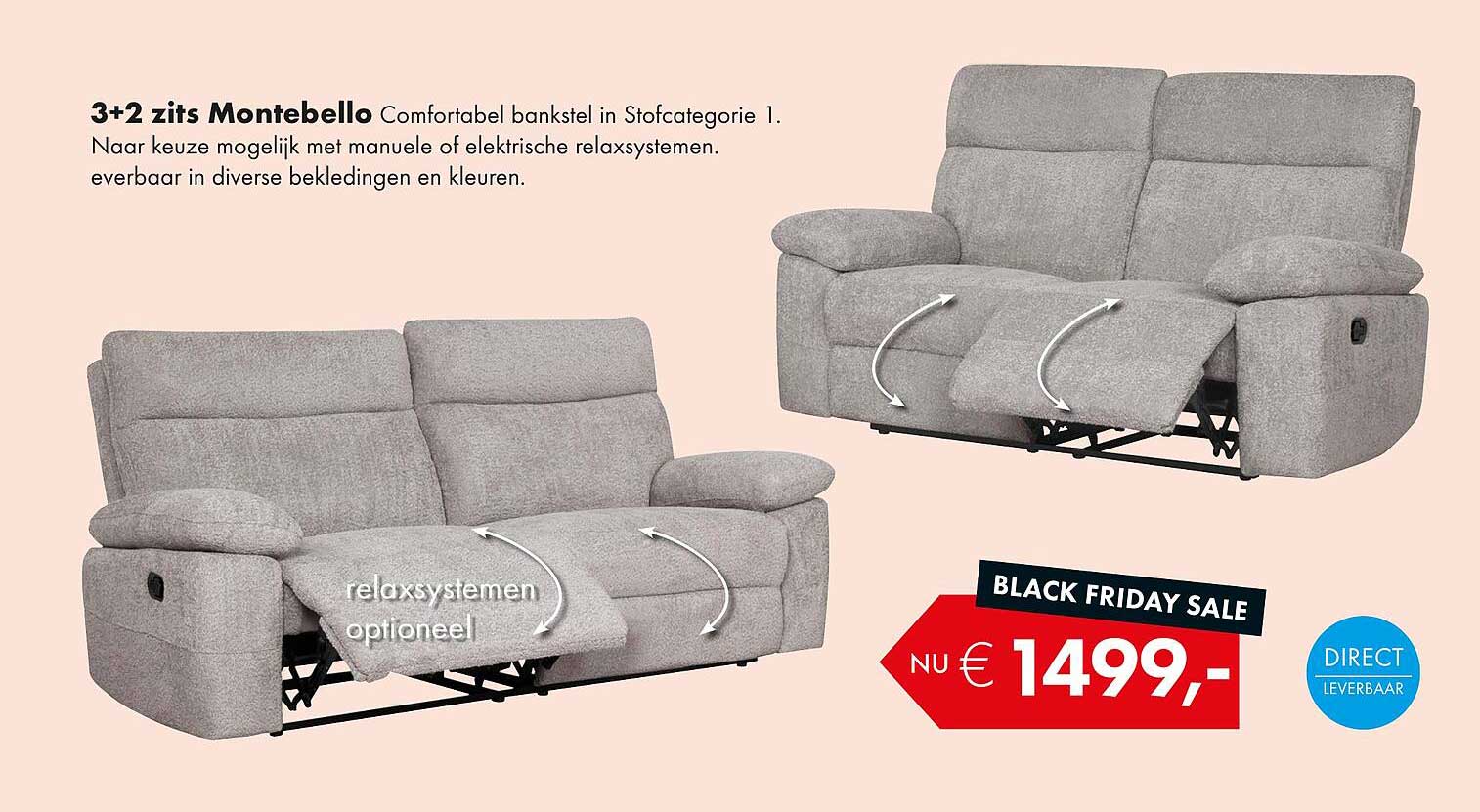 3+2 zits Montebello Comfortabel bankstel in Stofcategorie 1
