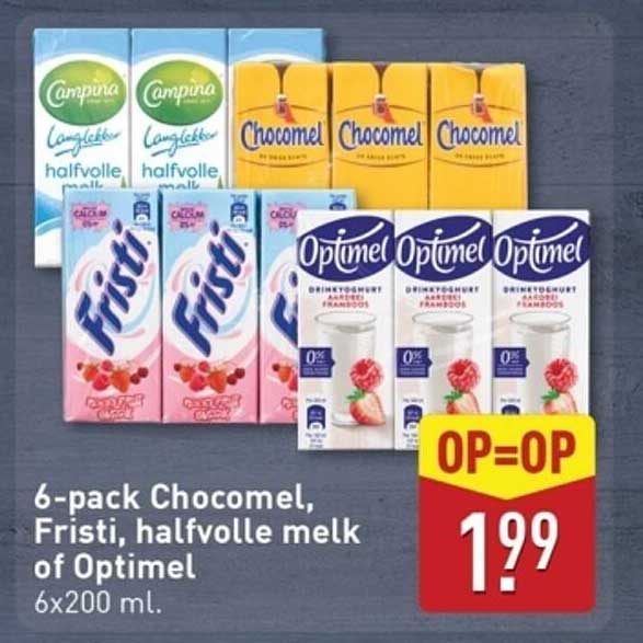 6-pack Chocomel, Fristi, halfvolle melk of Optimel 6x200 ml.