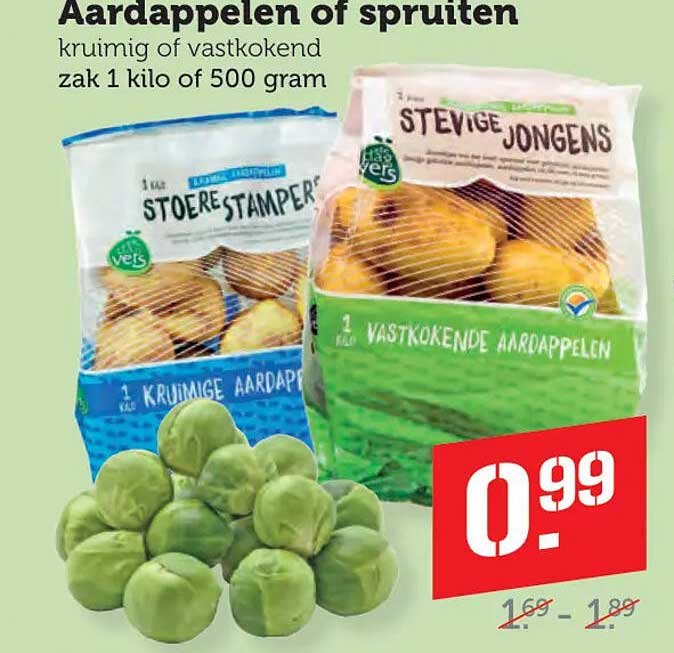 Aardappelen of spruiten kruimig ofvastkokend zak 1 kilo of 500 gram