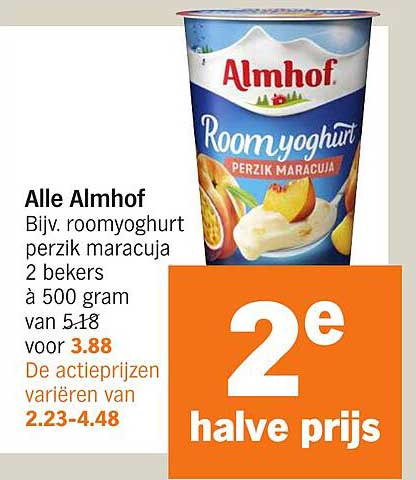 Alle Almhof Bijv. roomyoghurt perzik maracuja 2 bekers à 500 gram van 5.18 voor 3.88