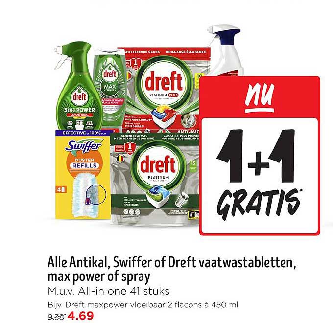 Alle Antikal, Swiffer of Dreft vaatwastabletten, max power of spray M.u.v. All-in one 41 stuks