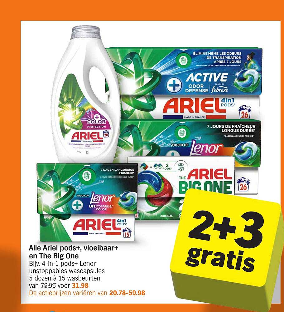 Alle Ariel pods+, vloeibaar+ en The Big One