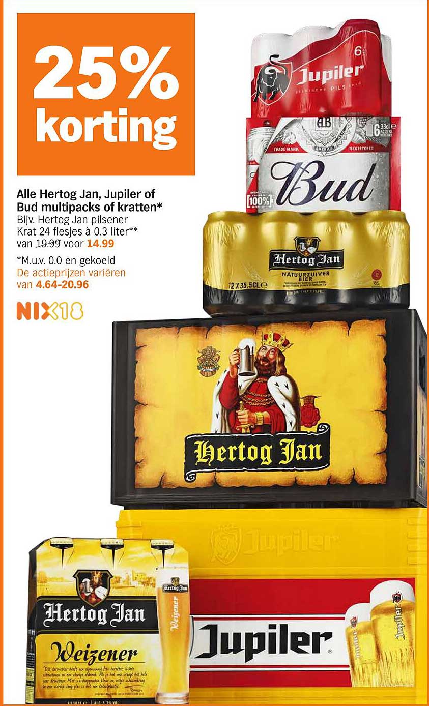 Alle Hertog Jan, Jupiler of Bud multipacks of kratten* Bijv. Hertog Jan pilsener Krat 24 flesjes à 0.3 liter** van 19.99 voor 14.99