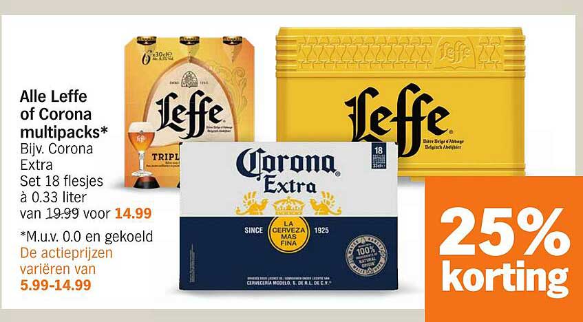 Alle Leffe of Corona multipacks* Bijv. Corona Extra Set 18 flesjes à 0.33 liter van 19.99 voor 14.99