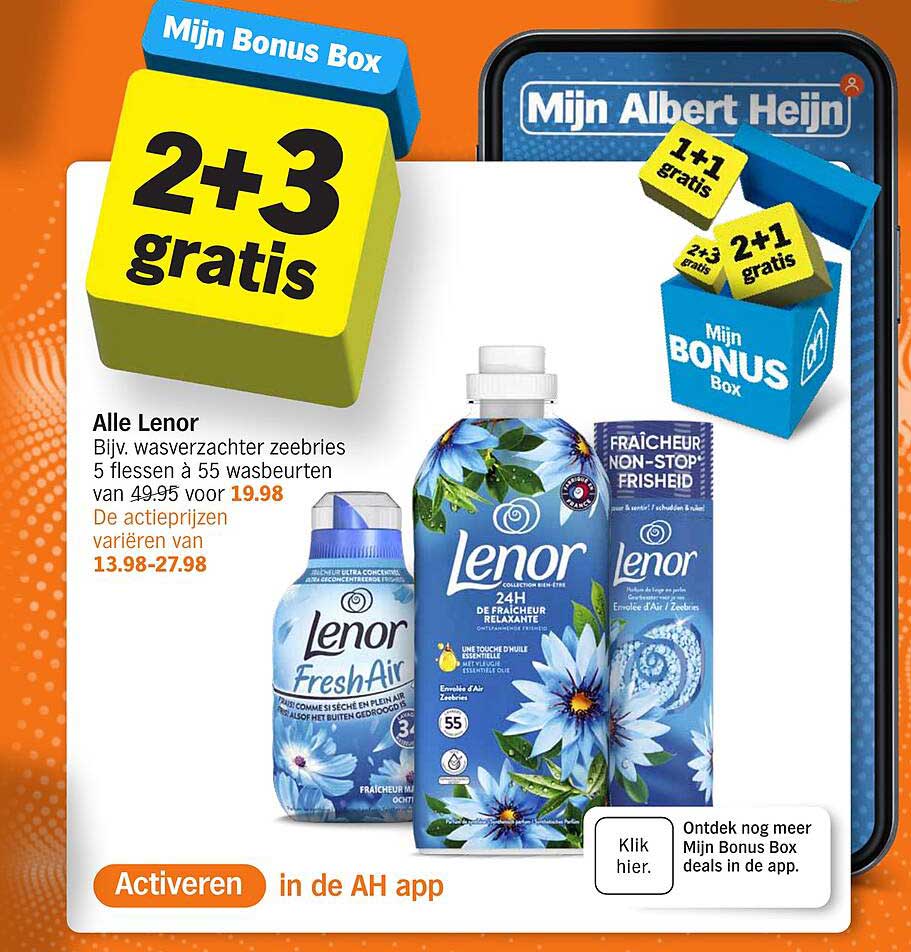 Alle Lenor, был. wasverzachter zeebries 5 flessen à 55 wasbeurten van 49.95 voor 19.98