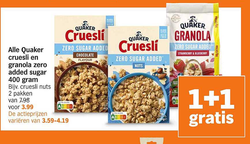 Alle Quaker cruesli en granola zero added sugar 400 gram