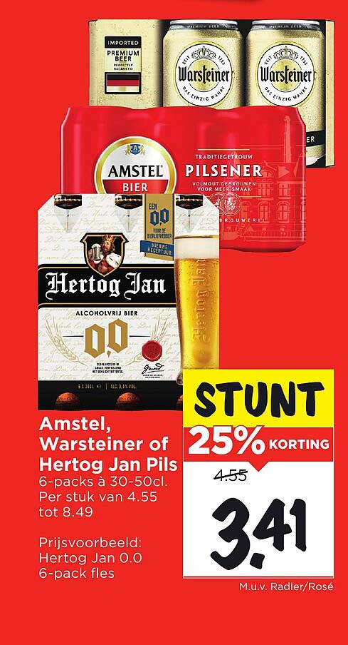 Amstel, Warsteiner of Hertog Jan Pils 6-packs 30-50cl