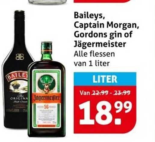 Baileys, Captain Morgan, Gordons gin of Jägermeister Alle flessen van 1 liter