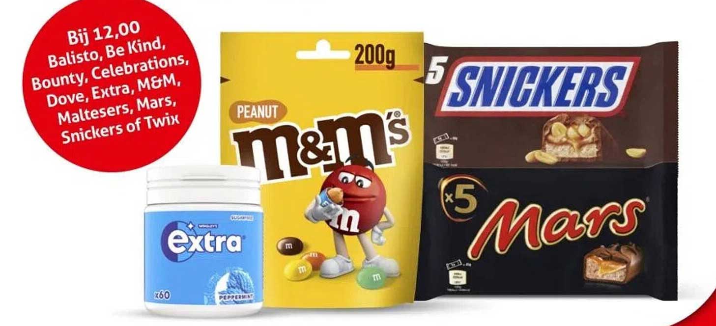 Bij 12,00 Balisto, Be Kind, Bounty, Celebrations, Dove, Extra, M&M, Maltesers, Mars, Snickers of Twix