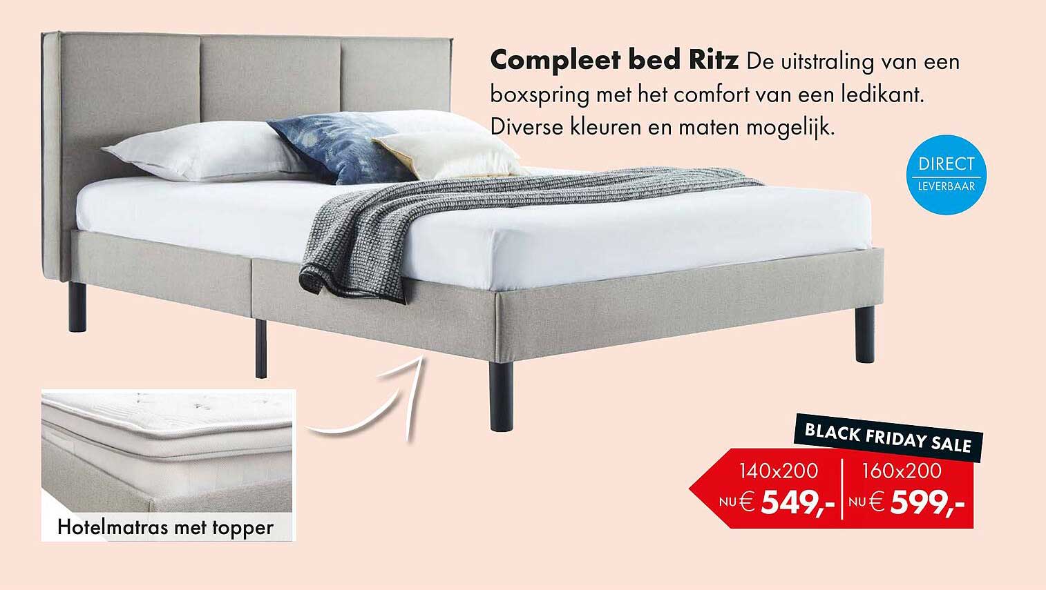 Compleet bed Ritz De uitstraling van een boxspring met het comfort van een ledikant. Diverse kleuren en maten mogelijk.