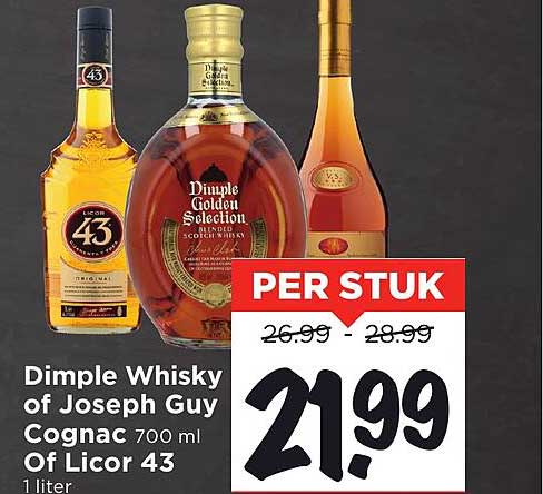 Dimple Whisky of Joseph Guy Cognac 700 ml Of Licor 43 1 liter