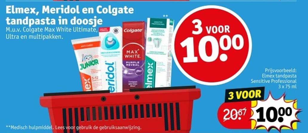 Elmex, Meridol en Colgate tandpasta in doosje