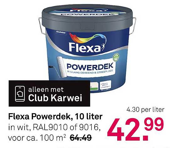 Flexa Powerdek, 10 liter in wit, RAL9010 of 9016, voor ca. 100 m²