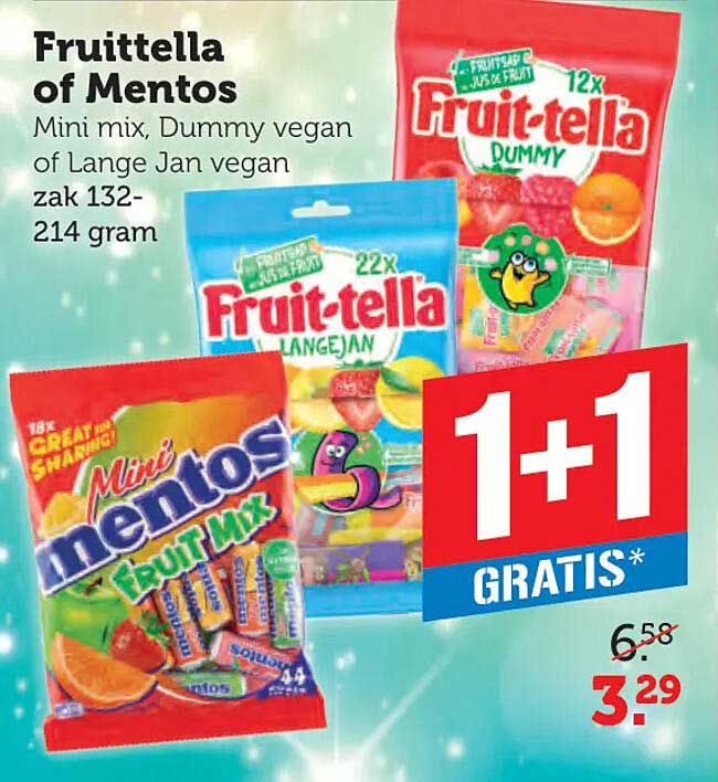 Fruittella of Mentos Mini mix, Dummy vegan of Lange Jan vegan zak 132-214 gram