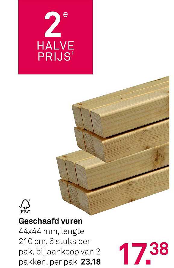 Geschaafd vuren 44x44 mm, lengte 210 cm, 6 stuks per pak, bij aankoop van 2 pakken, per pak