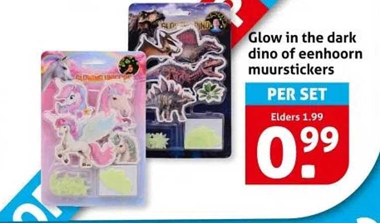 Glow in the dark dino of eenhoorn muurstickers