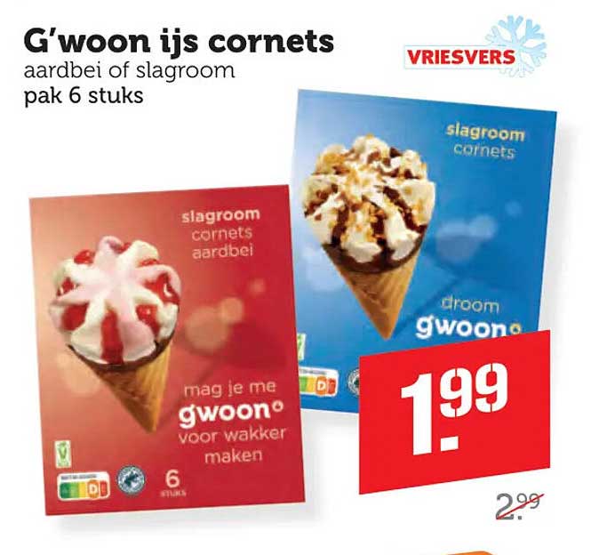 G'woon ijs cornets aardbei of slagroom pak 6 stuks