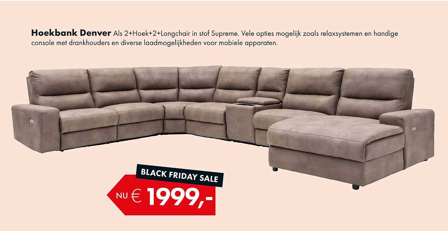 Hoekbank Denver Als 2+Hoek+2+Longchair in stof Supreme.