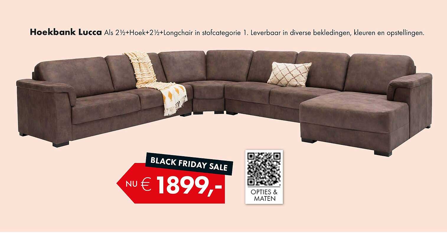 Hoekbank Lucca Als 2½+Hoek+2½+Longchair in stofcategorie 1.