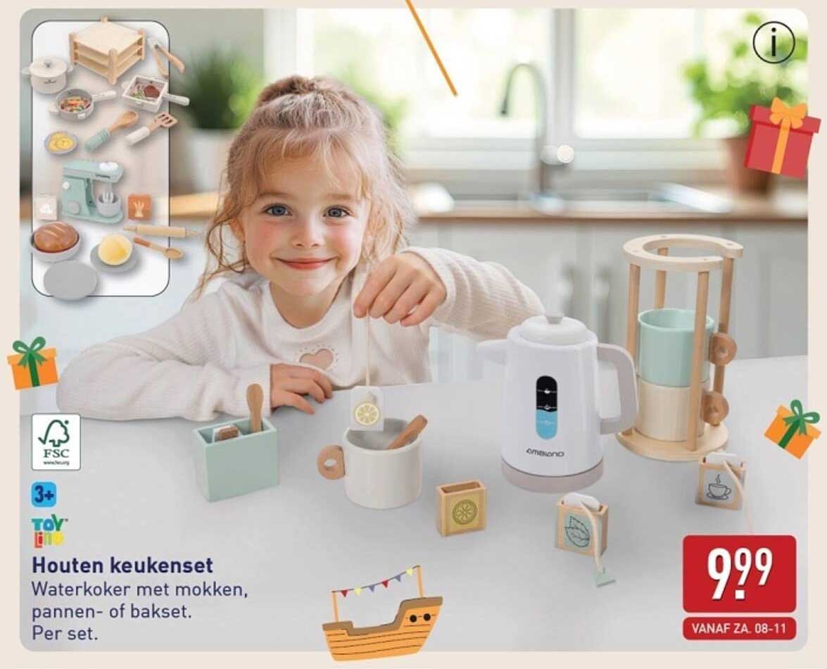 Houten keukenset Waterkoker met mokken, pannen- of bakset. Per set.