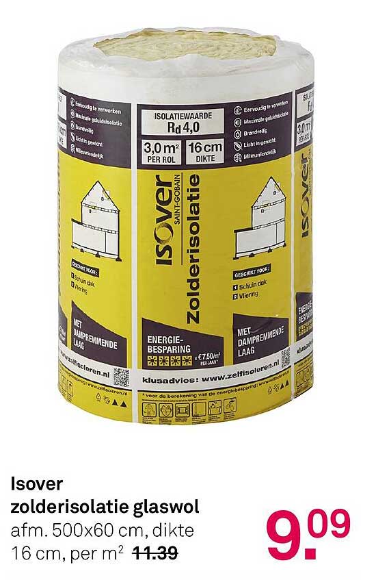 Isover zolderisolatie glaswol afm. 500x60 cm, dikte 16 cm, per m² 11.39