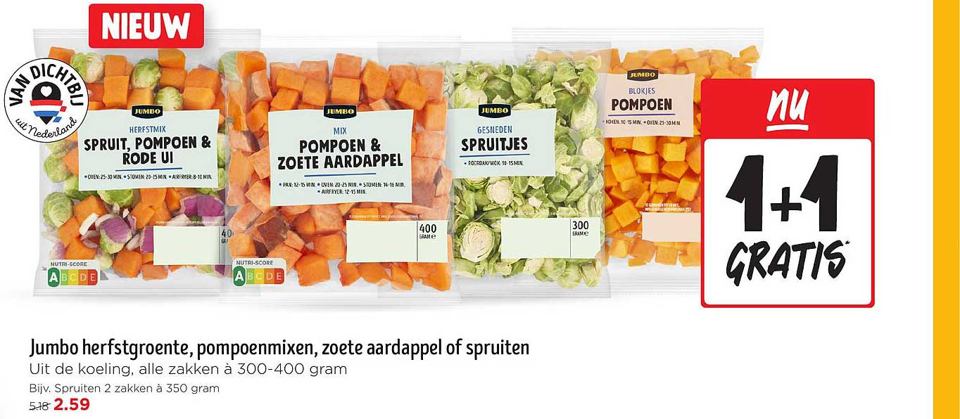 Jumbo herfstgroente, pompoenmixen, zoete aardappel of spruiten