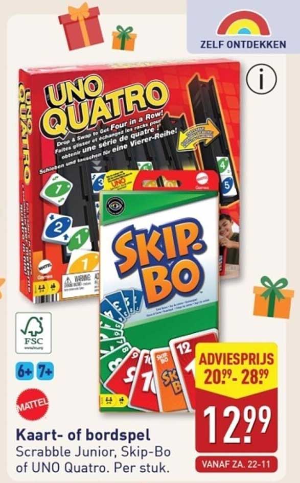 Kaart- of bordspel Scrabble Junior, Skip-Bo of UNO Quatro. Per stuk.