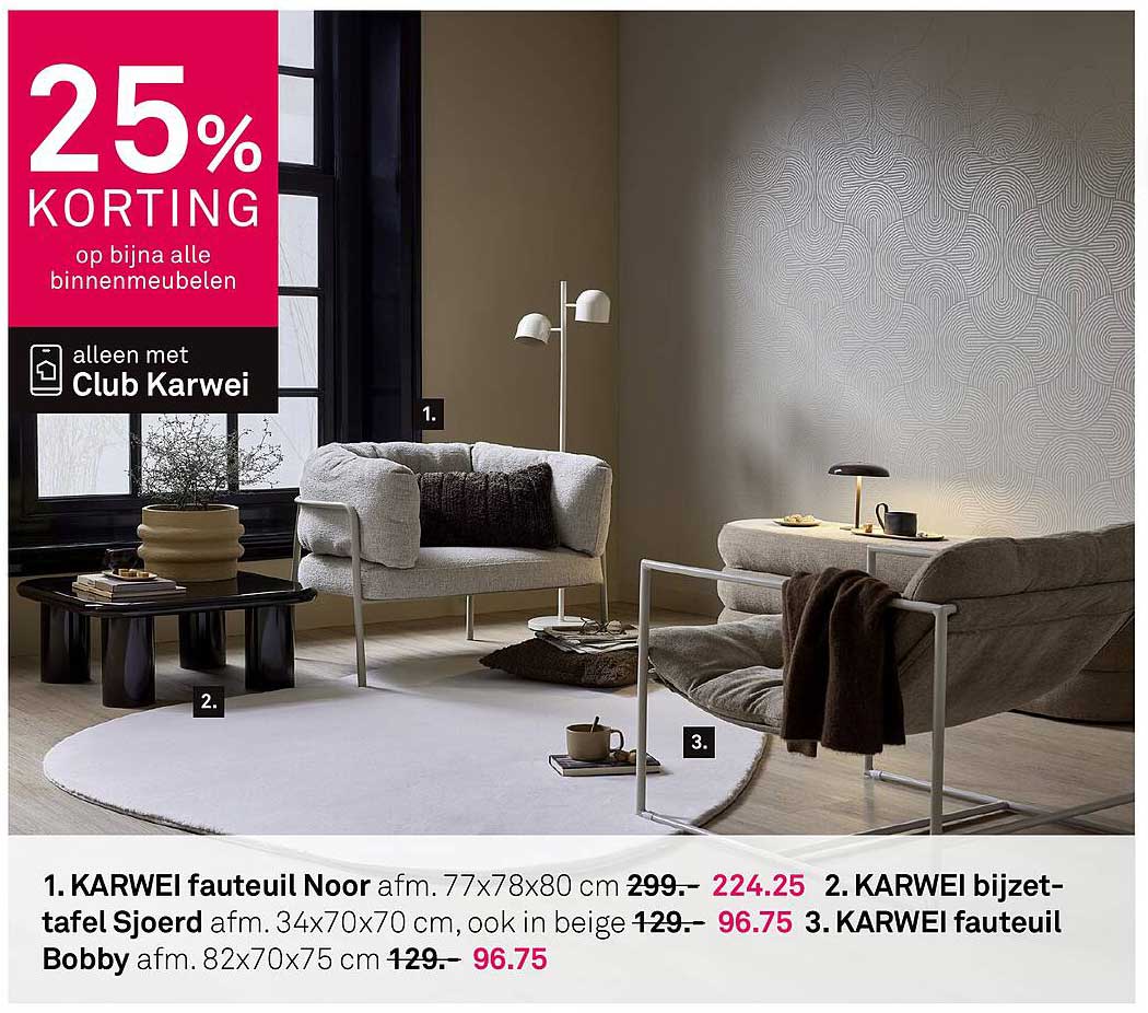 KARWEI fauteuil Noor afm. 77x78x80 cm 299,- 224.25