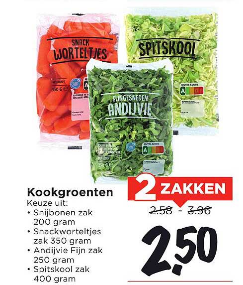 Kookgroenten keuze uit: Snijbonen zak 200 gram, Snackworteltjes zak 350 gram, andijvie fijn zak 250 gram, spitskool zak 400 gram