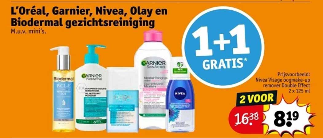 L'Oréal, Garnier, Nivea, Olay en Biodermal gezichtsreiniging M.u.v. mini's.