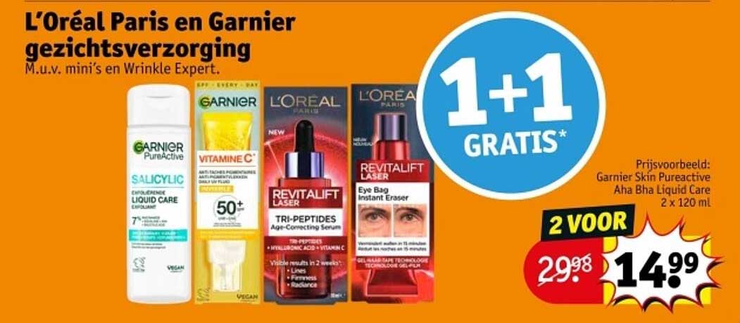 L'Oréal Paris en Garnier gezichtsverzorging m.u.v. mini's en Wrinkle Expert.