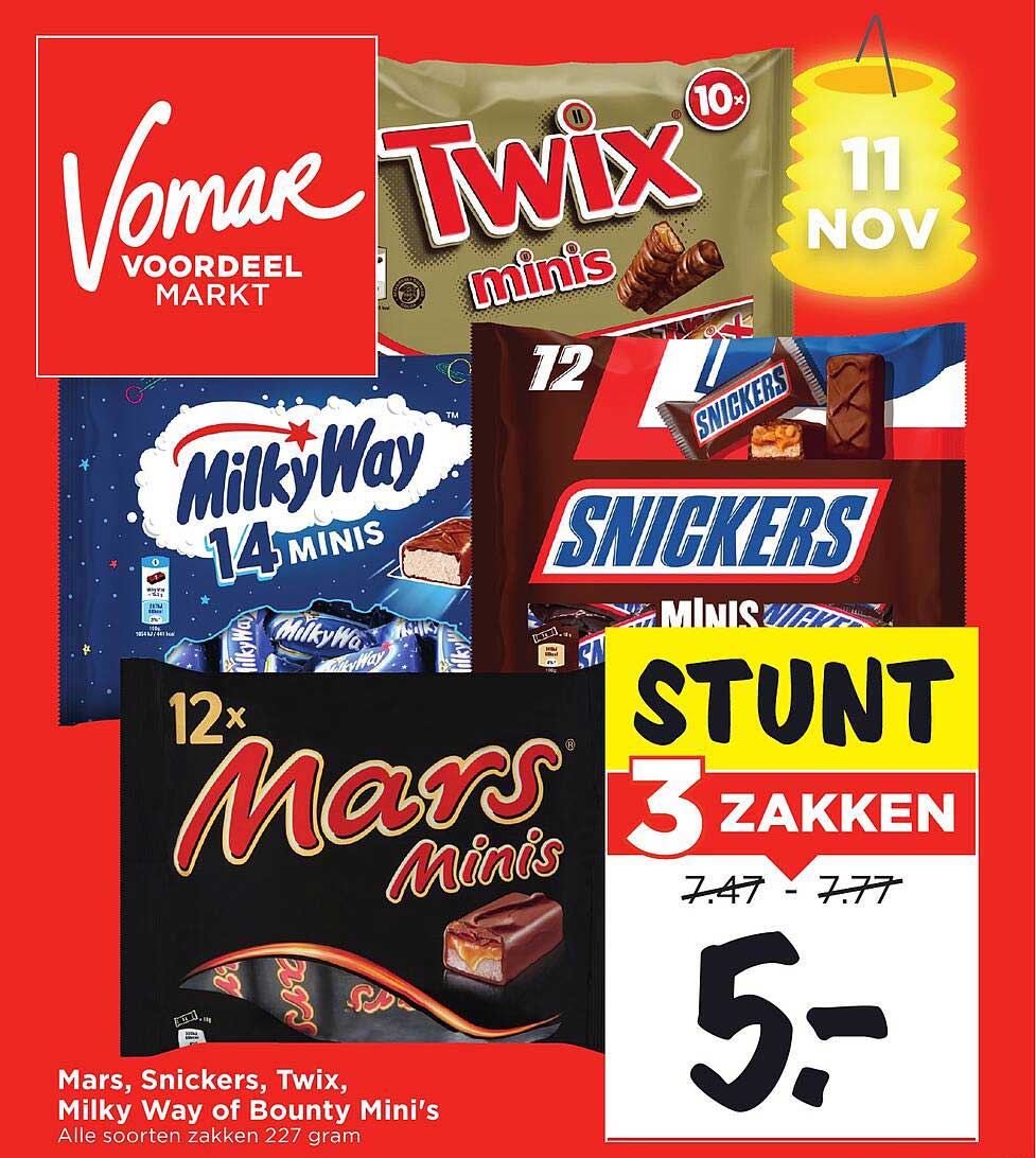 Mars, Snickers, Twix, Milky Way of Bounty Mini's - 3 zakken voor €5,-