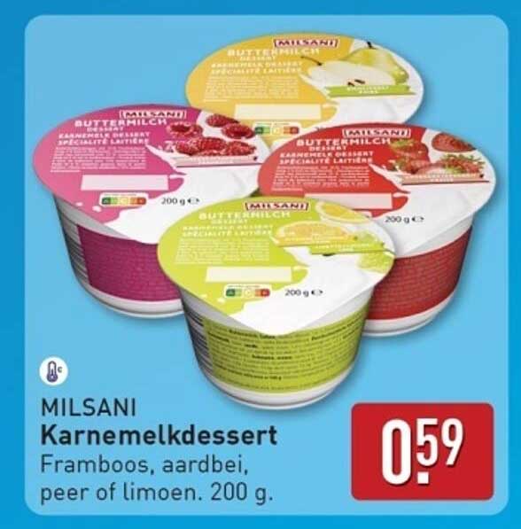 MILSANi Karne melkdessert Framboos, aardbei, peer of limoen. 200 g.