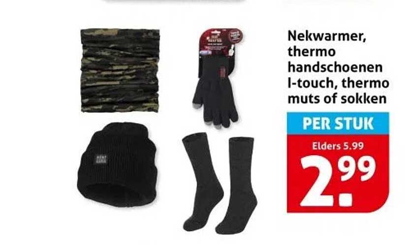 Nekwarmer, thermo handschoenen I-touch, thermo muts of sokken
